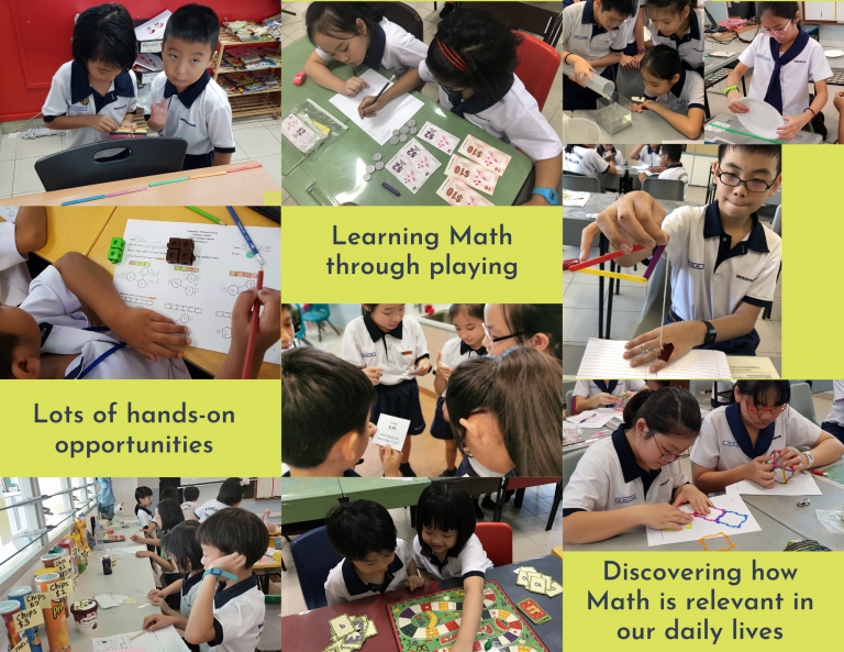 Collage of school children doing hands-on math activities with text about learning math through play.